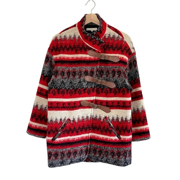 Sandro Wool Blend Patterned Coat Red Black Ivory Small - Picture 1 of 16